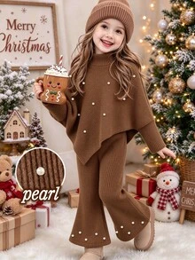 SHEIN Playful Pals 女童春夏秋冬休閒T恤套裝，白色珠飾裝飾，不對稱高領針織羅紋卡其色上衣配喇叭褲，2件套 - 棕色 - 查看 1