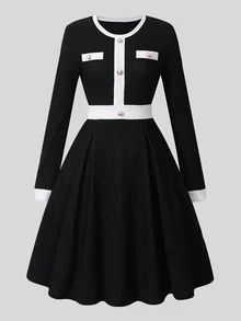 SHEIN 青少年女孩優雅時尚彈性紋理布料長袖洋裝，經典黑白配色拼接，寬鬆舒適，適合春秋日常通勤、婚禮派對與攝影 - 黑色 - 查看 2