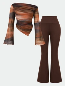 SHEIN Tween Girls 2pcs Asymmetric Shoulder Design Knit Printed Long Sleeve Fitted Knit Top And Solid Brown Flare Pants Set, Suitable For Autumn Winter - Brown - View 2