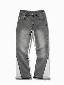 RivetRise Men's Fashion Streetwear Colorblock Patchwork Grey & White Washed Denim Flared Horseshoe Pants - Grey - View 6