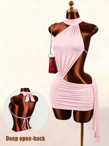 Mistrie 女款性感鏤空短洋裝 - 淺粉色 - 查看 3