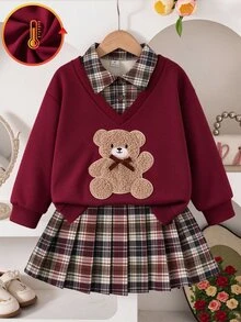 SHEIN 2件組 春/秋返校季 米色棕色格紋大學休閒風 中厚款運動衫布料熊貼布繡運動衫/格紋百褶裙，適合學校、出遊、拍照、購物、休閒穿著、日常外出，女童可拆卸百搭少女服裝套裝 - 酒紅色 - 查看 2