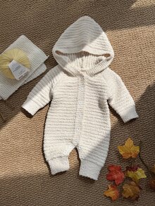 Baby Girl Solid Color Long Sleeve Knitted Hooded Romper, Comfortable For Autumn/Winter, Versatile For Daily Casual Wear - Beige - View 3