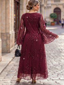 Velvienne Plus Size Burgundy Sequin Mesh Long Sleeve Gold Embellished Waist Formal Evening Gown - Burgundy - View 2