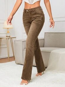 SHEIN Tall 女款簡約前扣口袋牛仔褲，休閒日常穿著，適合高個女性 - 棕色 - 查看 4