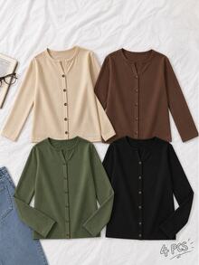 SHEIN Unity 女款秋季 4 件組亨利領長袖保暖內搭上衣 柔軟保暖底層 米色 棕色 黑色 - 彩色 - 查看 3