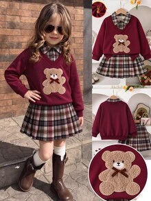 SHEIN 2件組 春/秋返校季 米色棕色格紋大學休閒風 中厚款運動衫布料熊貼布繡運動衫/格紋百褶裙，適合學校、出遊、拍照、購物、休閒穿著、日常外出，女童可拆卸百搭少女服裝套裝 - 酒紅色 - 查看 1