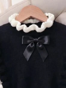 SHEIN 2pcs Tween Girls Kids Preppy Ruffle Bow Colorblock Long Sleeve Black Mini Skirt Thick Sweater Set Pull Christmas Jumper Fall Outfits School Party Cute - Black - View 4