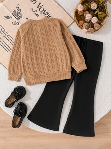 SHEIN Young Girls Cable Knit 2pcs Set, Button Up Cardigan Jacket & Flare Pants Pack, Cute Embroidery Logo Preppy Tracksuit Outfits For School Clothes - Brown - View 2