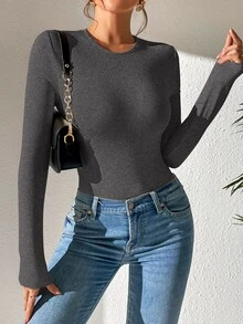 SHEIN PETITE 純色修身春季女款T恤式連身衣，小碼女款 - 深灰色 - 查看 4