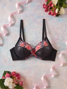 Elorette Plus Size Women's Floral Print Casual Daily Spaghetti Strap Bra - Black - View 6