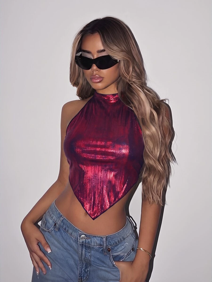 SHEIN ICON 演唱會穿搭 金屬色方巾下擺掛脖上衣 - 紫紅色 - 查看 1