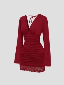 Sweetra Y2K Sexy Lace Patchwork V-Neck Versatile Casual Commute Elegant Pleated Dress - Burgundy - View 1