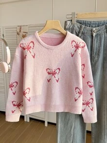 1pc Big Girls Kids Teen Casual Pink Bow Graphic Knit Round Neck Long Sleeve Soft Thick Sweater Jumper Pull Top Christmas Party Evening Hiver Winter - White - View 3