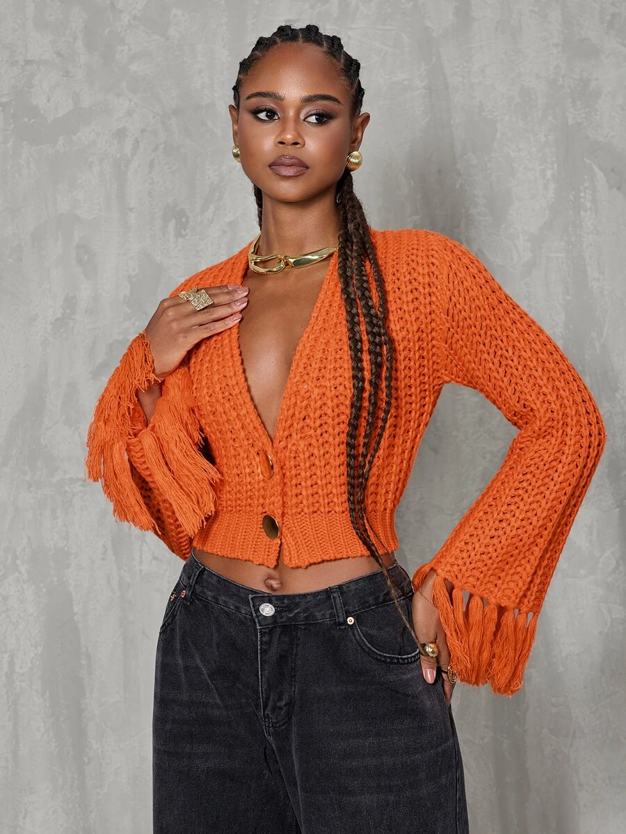 BamGlimmer European Style Deep V-Neck Short Knit Top, Orange Chunky Yarn Tassel Loose Sweater Cardigan - Orange - View 1
