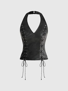 ROMWE Grunge Punk Autumn/Winter Punk Lace-Up Split Design Fitted Halter Neck PU Tank Top - Black - View 1