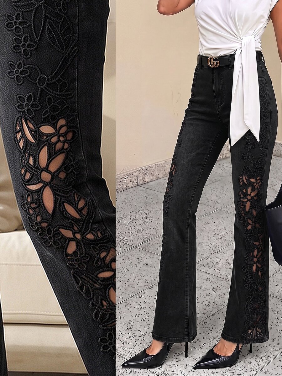 Selenza Women's Fashion Versatile Embroidered Hollow Pocket Flare Leg Jeans - Black - View 1