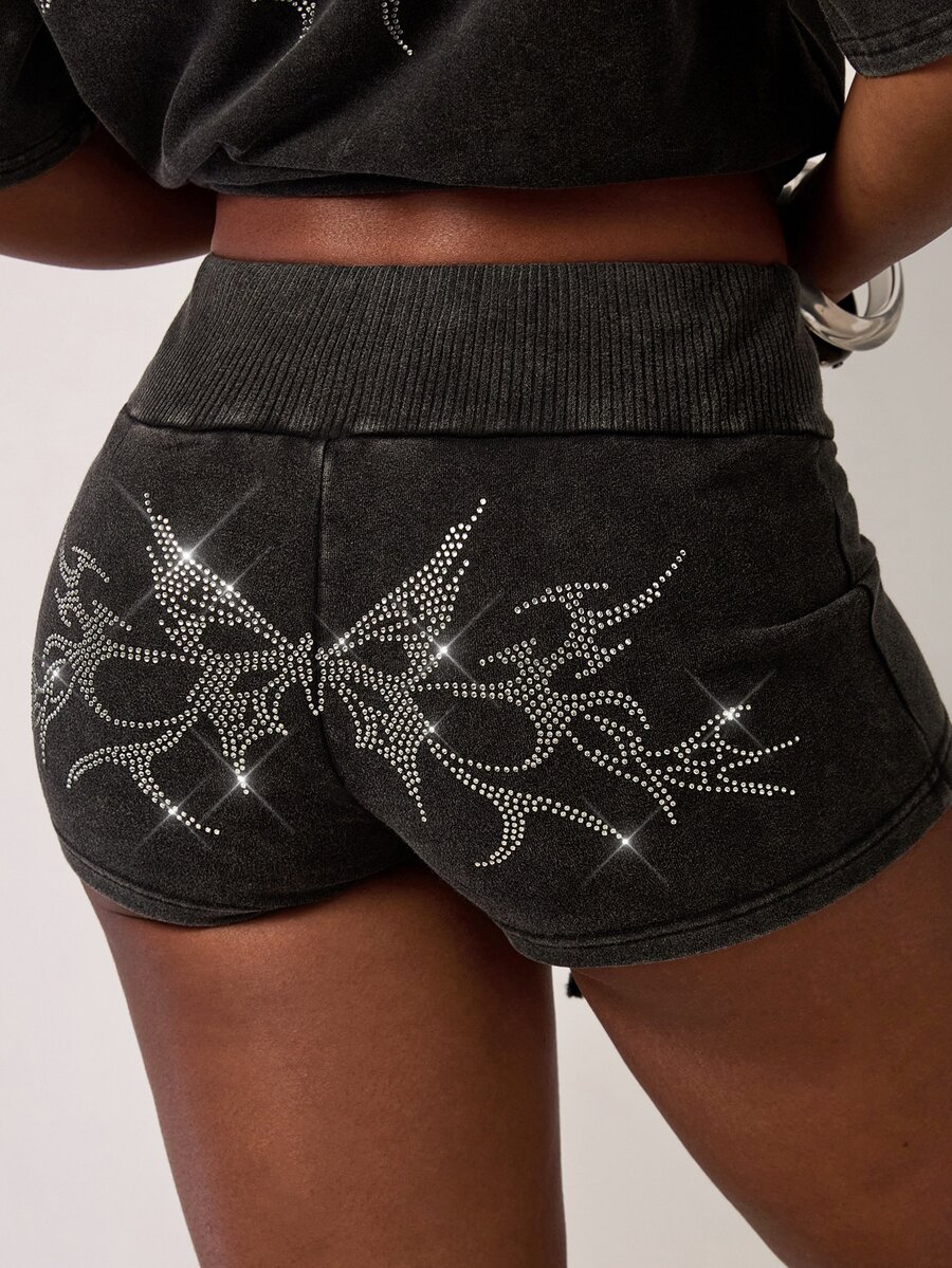 SHEIN BAE Women's Rhinestone Butterfly Pattern Elastic Waist Fitted Shorts - Black - View 1