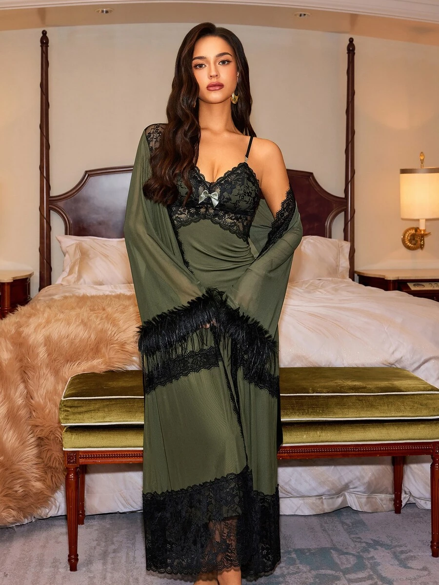 Slumberist Vintage Military Green Feather Cuff Lace Robe 2 Pieces Set, Sexy Hollow Lace Camisole Long Nightgown 2 Pieces Set - Army Green - View 1