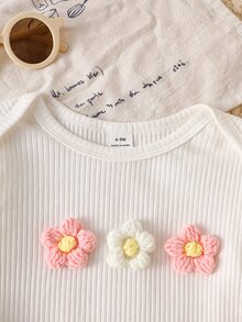 SHEIN 2pcs Baby Girls Romper + Pants Cute Sweet Pink White 3D Flower Ruffle Bow Long Sleeve Round Neck Regular Birthday Party Spring Floral Ribbed - Multicolor - View 9