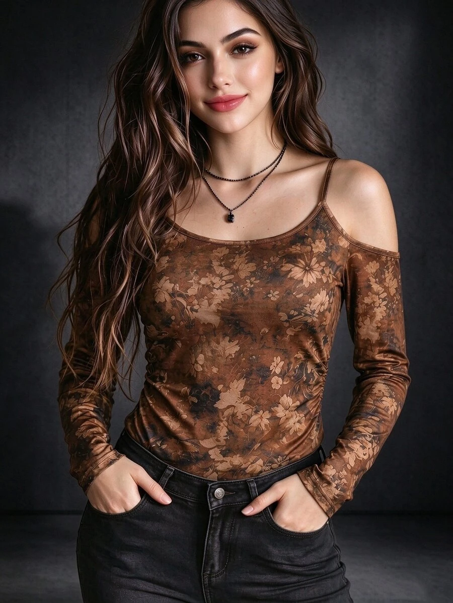 Trelyra Women's Floral Print Casual Daily Wear Top - Brown - View 1