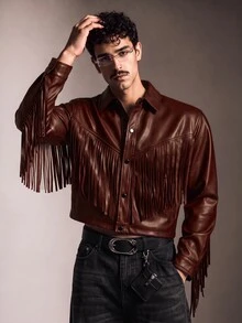 FeverCity Men's Collared Long Sleeve Short Jacket And Outerwear - Brown - View 3