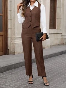 SHEIN LUNE Women's Simple Front Button Blouse And Pocket Casual Pants Suit In Fall/Winter - Coffee Brown - View 3