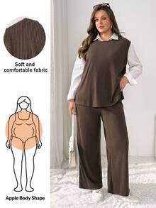 Shapeblank Women's Plus-Size Autumn/Winter Two Pieces Set: Stylish, Loose, Stretchy, And Comfortable Vest Top With Wide-Leg Trousers (Brown),Fall Outfits - Brown - View 1