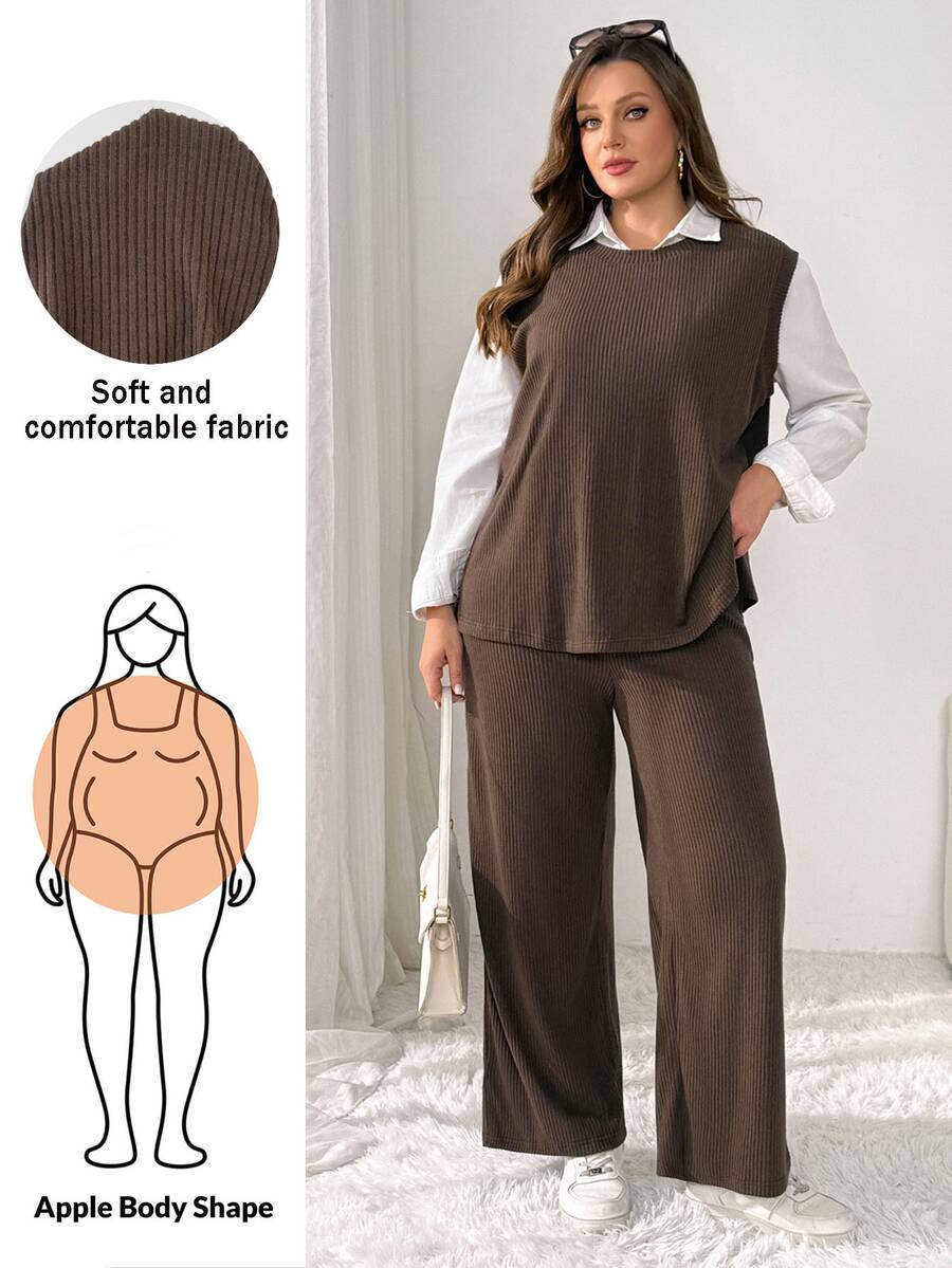 Shapeblank Women's Plus-Size Autumn/Winter Two Pieces Set: Stylish, Loose, Stretchy, And Comfortable Vest Top With Wide-Leg Trousers (Brown),Fall Outfits - Brown - View 1