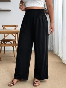 Enliva Plus Size Cotton Blend Elastic Waist Comfort Pants Compatible With Apple Body Round Body - Black - View 3