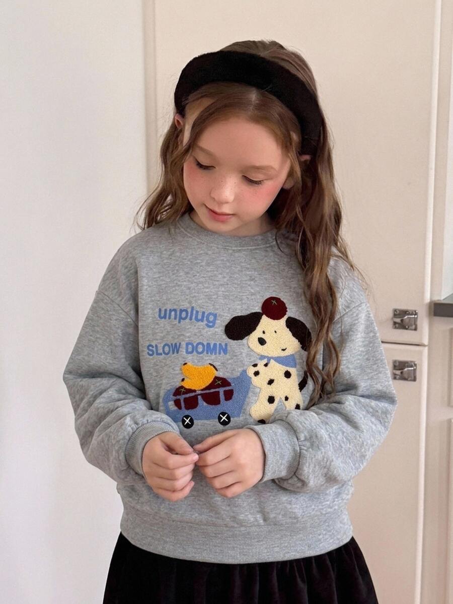 DAZY Tween Girl Letter Cartoon Pattern Casual Daily Long Sleeve Sweatshirt - Grey - View 1