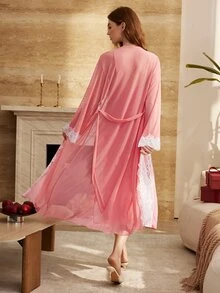 Moireta Women's Lace Patchwork Dress & Cardigan Pajama Set - Dusty Pink - View 3