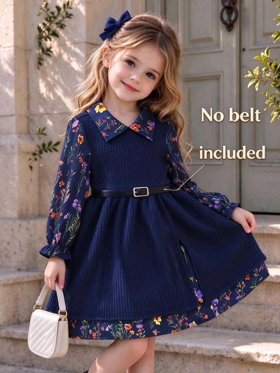 SHEIN Young Girl Floral Digital Print Ribbed Mock 2-Piece Dress Cute Ruffle Long Sleeve Peter Pan Collar Fall Winter Loose Casual Flared Layered Midi Dress - Royal Blue - View 1