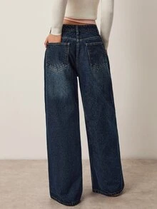 Willow Rêve Women's Embroidered Loose Wide Leg Dark Blue Denim Jeans - Blue - View 2