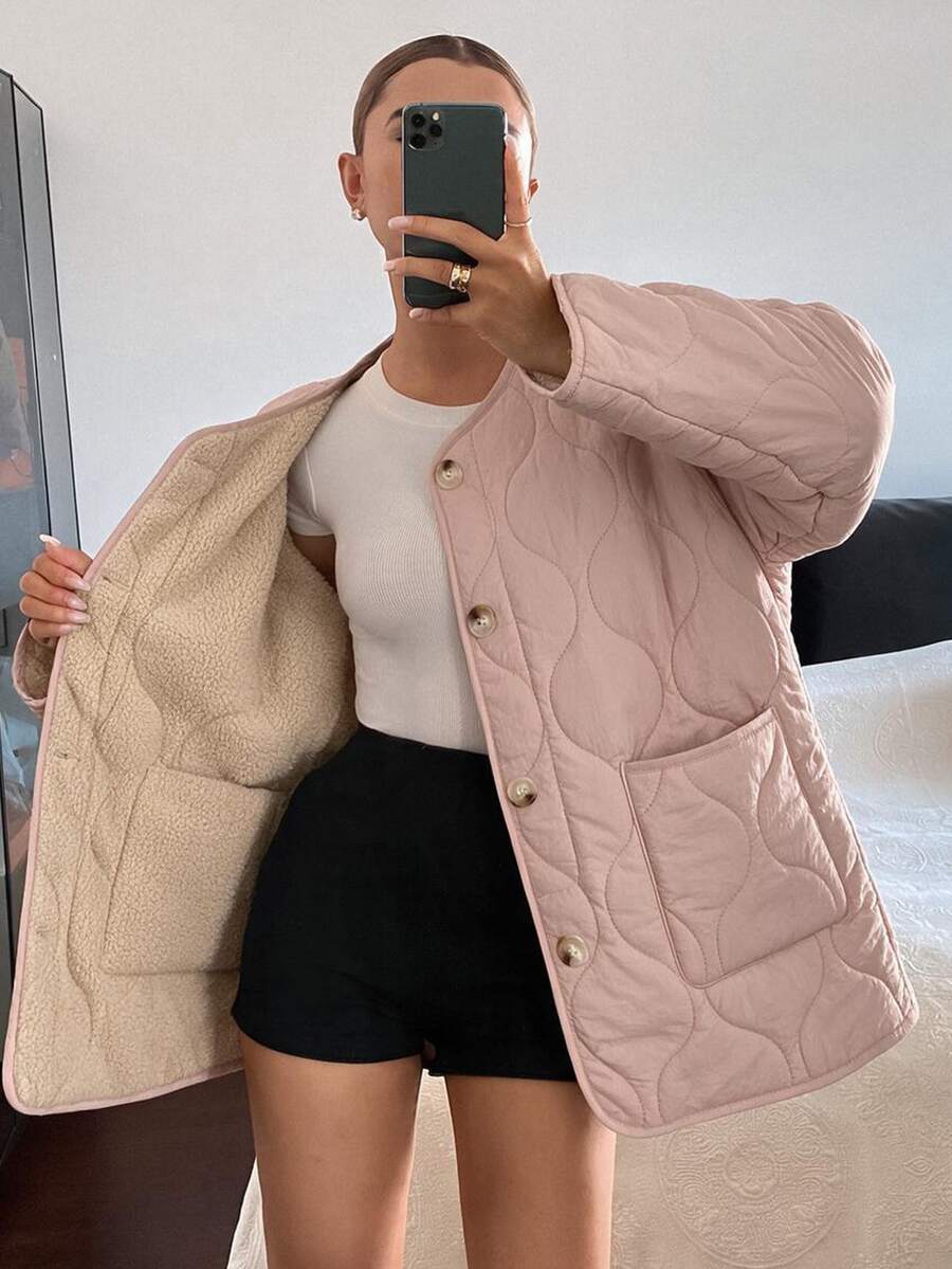 DAZY Women's Loose Pink Casual Padded Coat With Stitching Decor - Pink - View 1