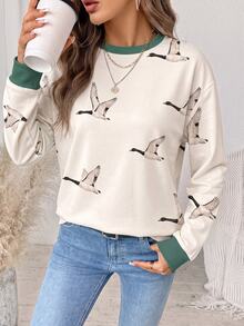 SHEIN LUNE 女款鳥圖案休閒日常穿著長袖運動衫 - 白色 - 查看 5
