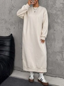 SHEIN EZwear 大尺碼寬鬆休閒長款抓絨衛衣洋裝，秋冬款 - 杏色 - 查看 3