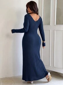 SHEIN EZwear 大尺碼純色V領緊身洋裝 約會之夜洋裝 冬季 - 藏蓝色 - 查看 2