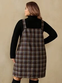 SHEIN CURVE+ Plus Size Cami Button Pocket Plaid Dress, Elegant Vintage, Holiday Party, Christmas - Multicolor - View 2