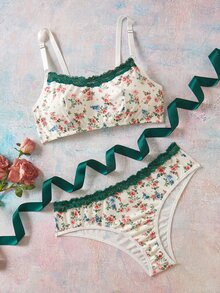 Elorette Christmas Green And White Plus Size Bra And Panty Sets Floral Print Lingerie Set - Green - View 5