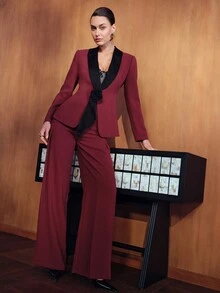 MOTF PREMIUM WOMEN'S 3D FLORAL DECOR SHAWL COLLAR SLIGHTLY FITTED BLAZER - Burgundy - View 1