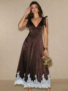Poéselle Đầm nữ thanh lịch phối ren - Cà phê nâu - Xem 3