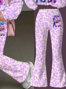 女童小女孩字母卡通 K-Pop 印花長袖秋季運動衫與運動長褲休閒日常套裝 - 彩色 - 查看 4