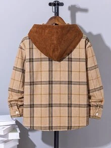 SHEIN 青少年男孩休閒格紋拼色梭織鈕扣前開襟襯衫，秋季 (9)、冬季 (2)，棕色 - 卡其色 - 查看 2
