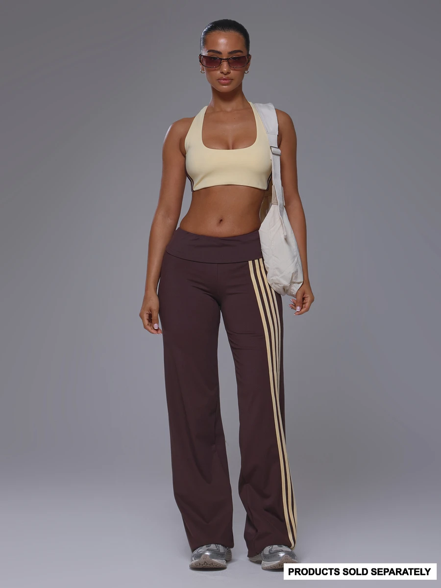 Musera Petite Fold Over Stripe Side Fitted Flare Petite Active Leggings Daily Active Gym Workout Fall Autumn Winter Pilates - Chocolate Brown - View 1