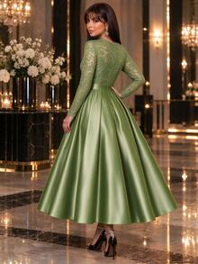 Auveirra Đầm satin phối ren size lớn - màu xanh lá - Xem 2