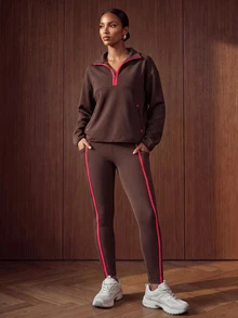 Zivah Women's Zip-Up Half-Placket Long Sleeve Sweatshirt And Leggings Sports Set - Coffee Brown - View 11