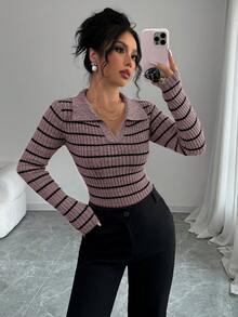 Elenzga 女款時尚休閒條紋修身套頭毛衣 - 卡其色 - 查看 3