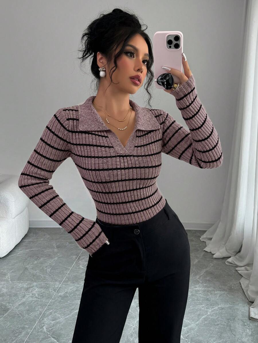 Elenzga Women's Fashionable Casual Striped Slim Fit Pullover Sweater - Khaki - View 1