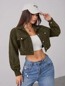 SHEIN PETITE 秋季穿搭落肩翻蓋設計短版燈芯絨黑色夾克，適合嬌小女性，返校、上班、旅行、日常穿著、街頭休閒風 - 軍綠色 - 查看 7